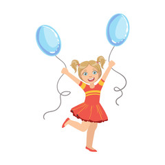 Girl With Ponytails In Red Dress  Two Blue Balloons