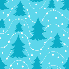 Winter abstract seamless blue and white background of Christmas tree and snow
