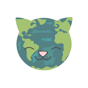 cute cartoon cat earth planet vector illustration

