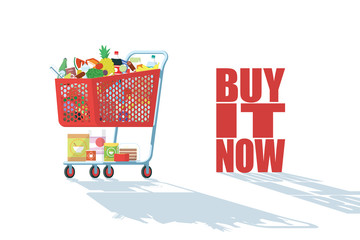 Vintage Red Shopping Cart Full Of Food. Vector Illustration - 126093483