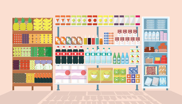 Store Shelves And Refrigerator Full Of Food And Goods. Vector Illustration