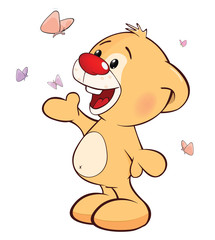 Illustration of a Stuffed Toy Bear Cub and Butterflies. Cartoon Character