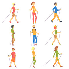 People Doing Nordic Walk Outdoors Set Of Illustrations