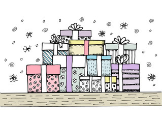 Hand - drawn pile of Christmas gifts on white background