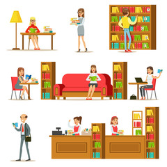 Fototapeta na wymiar People Taking And Reading Books In Library Set Of Illustrations