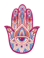 Watercolor hamsa hand with ethnic ornaments and all seeing eye