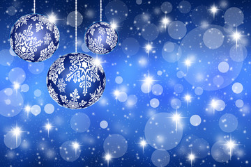 Christmas toys with snowflakes on abstract blue background