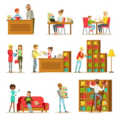 People Talking And Reading Books In Library Set Of Illustrations