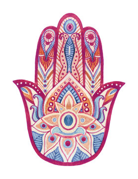 Watercolor hamsa hand with ethnic ornaments