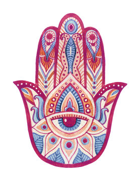 Watercolor hamsa hand with ethnic ornaments and all seeing eye