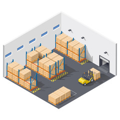 Element infographic presents work inside the warehouse, shipment of goods carried out with a forklift