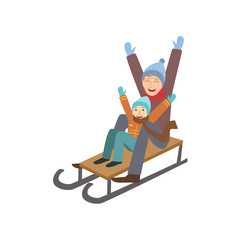 Father And Son On Sled Winter Sports Illustration
