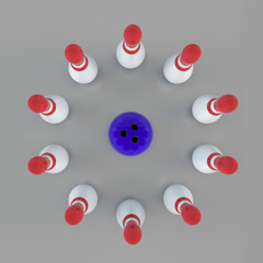 Bowling pins and bowling ball. 3D rendering illustration.Top vie