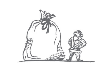 Vector hand drawn Christmas concept sketch. Santa Claus standing and looking at huge tied bag with presents