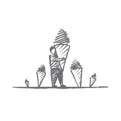 Vector hand drawn Sweet concept sketch. Man holding huge ice cream in cone