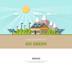 Naklejka premium Green energy an eco friendly traditional and modern house. Solar, wind power. Vector concept illustration with electric car. Eco concept vector design