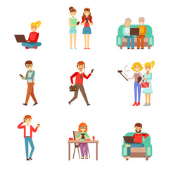 People Being Obsessed With Gadgets Set Of Illustrations