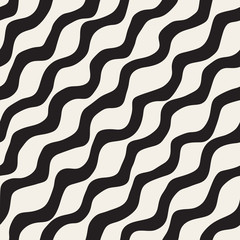 Vector Seamless Black and White Hand Drawn Wavy Diagonal Stripes Pattern