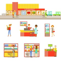 Supermarket Exterior And People Shopping Set Of Illustrations