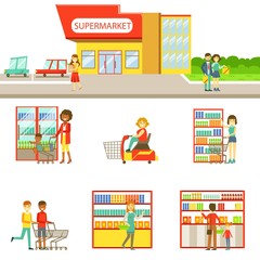 Grocery Shop Exterior And People Shopping Set Of Illustrations