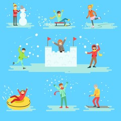 People Having Fun In Snow In Winter Set Of Illustrations