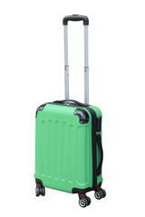 green suitcase on wheels for travel isolated on white background