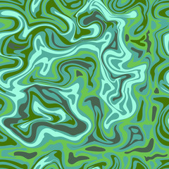 Natural green marble imitation seamless pattern. Trendy backdrop with blue acrylic drips on white background. Paint waves and vortexes stone texture.