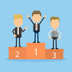 Happy businessman wins. Three businessmen standing on the pedestal. Concept of leadership, reward and success.