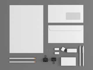 Corporate identity template set. Business stationery mock up with white blank. Branding design. Isolated on gray background. Letter envelope, card, catalog, pen, pencil, paper. 3d illustration
