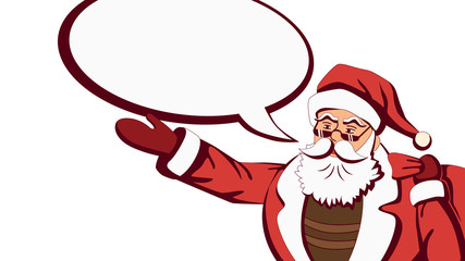 Isolated Santa Claus in red costume with red bag of gifts and empty speech bubble on white background