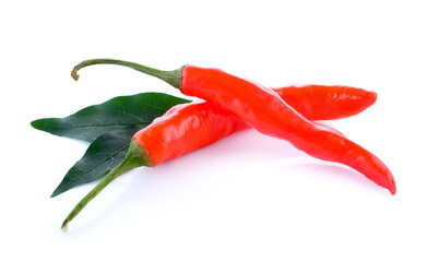 red chili with leaf on white background