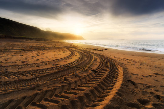 Fototapeta tire tracks prints in beach sand