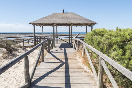 Punta Candor beach, Rota, Cadiz, Spain. Fishing weir, fish weir,