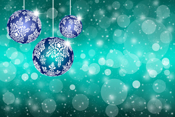 Christmas toys with snowflakes on abstract blue background