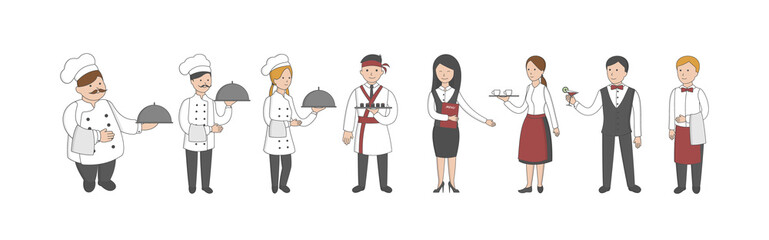 Fototapeta premium Restaurant staff set. Isolated cartoon characters on white background. Chef, hostess and service.
