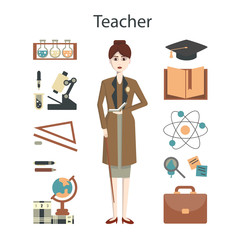 Isolated professional teacher on white background. Female teacher in suit and with equipment as microscope, globe and more.