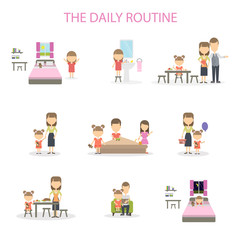 The daily routine of a girl. Set of domestic chores and activities. From morning till night.