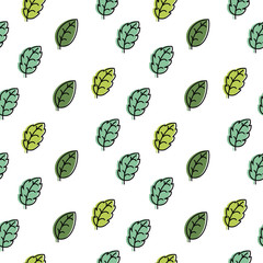 Seamless pattern with green leaves on a white background.