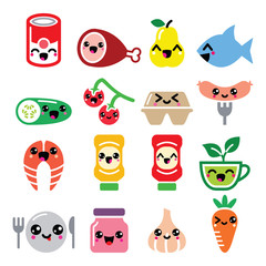 Kawaii cute food characters - meat, vegetables, fruit icons set
