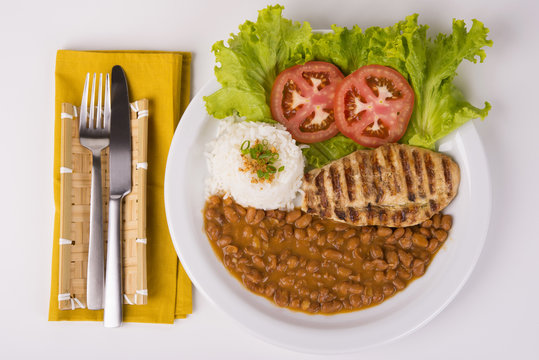 Chicken Breast Fillet With Brown Pinto Beans, Rice And Salad