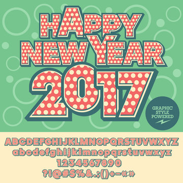 Vector stylish Happy New Year 2017 greeting card with set of letters, symbols and numbers. File contains graphic styles