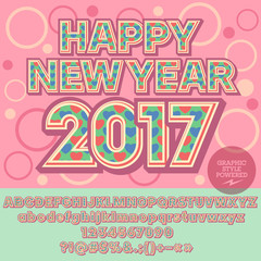 Vector romantic Happy New Year 2017 greeting card with set of letters, symbols and numbers. File contains graphic styles