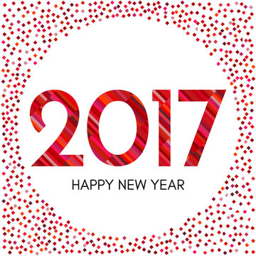Happy New Year 2017 label with red confetti and lines. New Year and Xmas Design Element Template. Vector Illustration.
