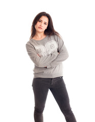 Angry girl in jeans and sweater isolated