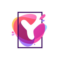 Y letter logo in square frame at watercolor splash background.