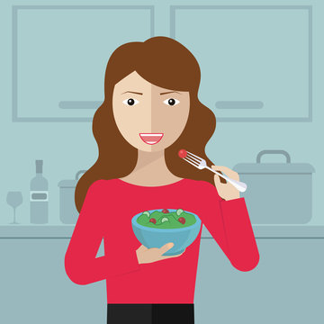 Smiling woman eating salad in kitchen vector flat design illustration
