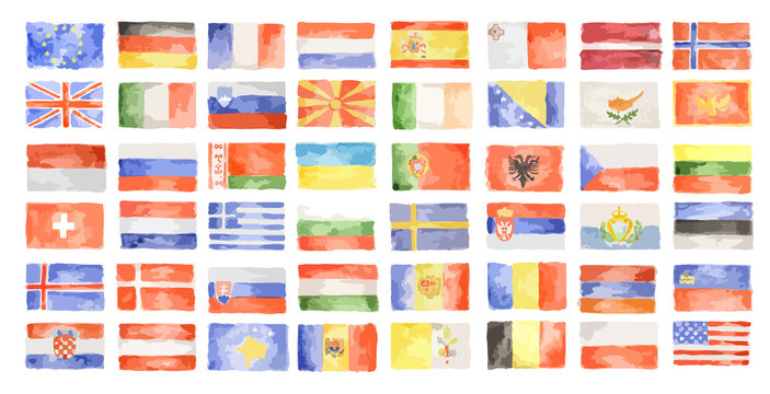 Watercolor world flags. All kinds of country symbols.