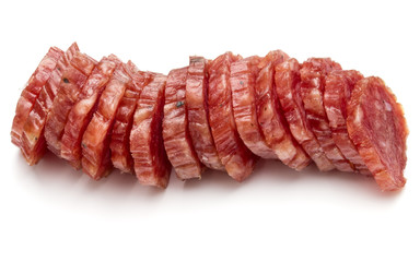 Salami smoked sausage slices isolated on white background cutout