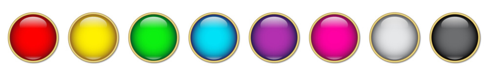Set: Farbige runde Buttons mit Goldrand / Vektor
