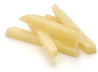 Raw Potato sliced strips prepared for French fries isolated on w